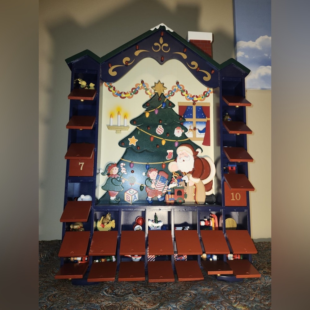 BNIB Colorful Wooden Advent Calendar with Santa, Elves, and Ornaments